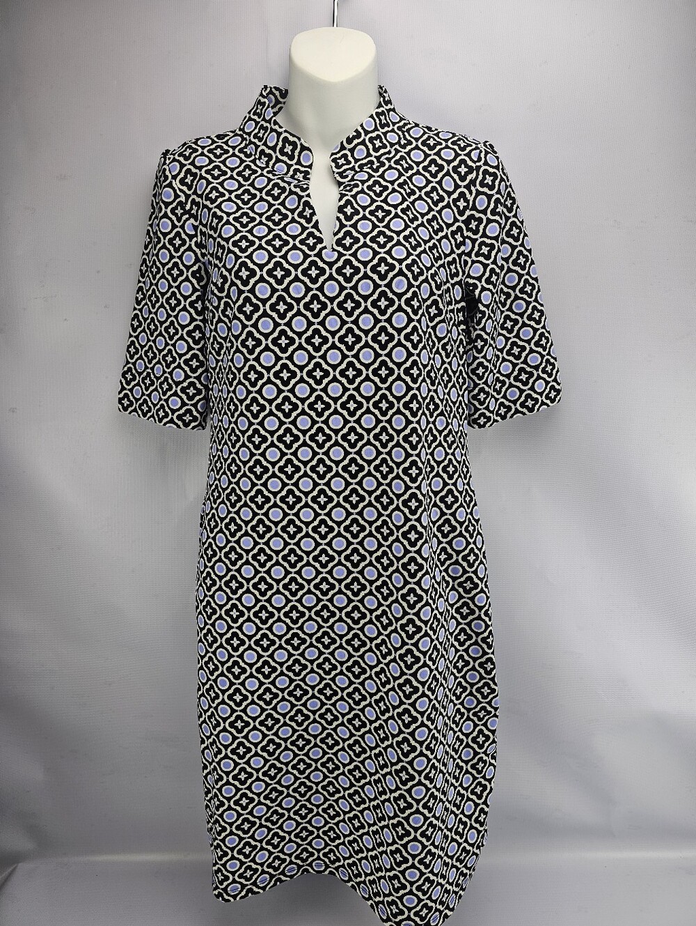 Talbots Women's Geometric Print Split-Neck Elbow Sleeve Shift Dress Medium